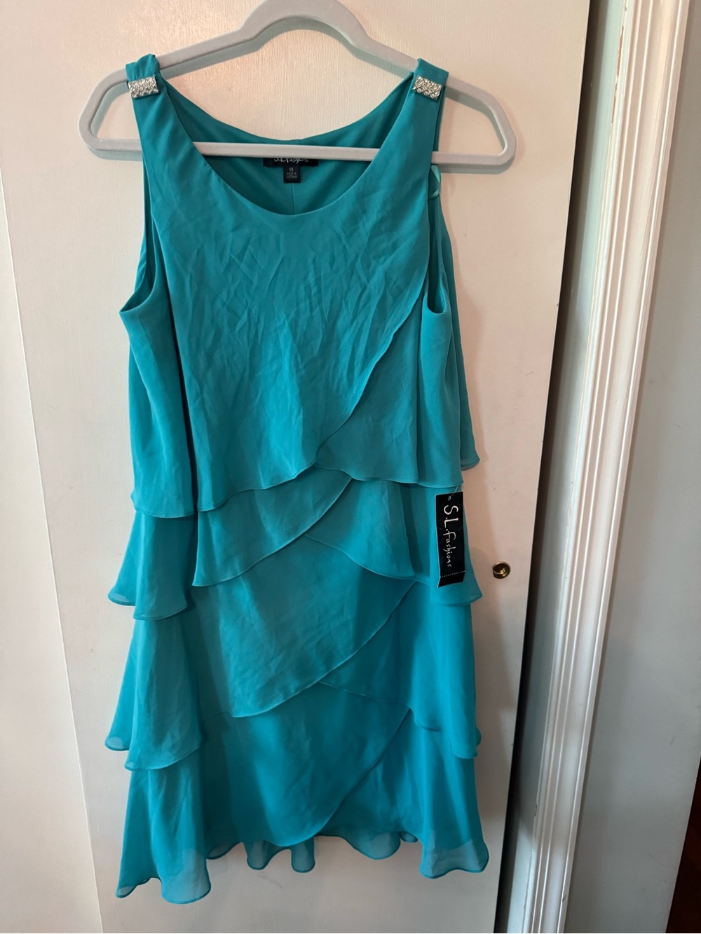 SL Fashions Teal Tulip Tiered Dress Size 14 Wedding Evening Party NWT